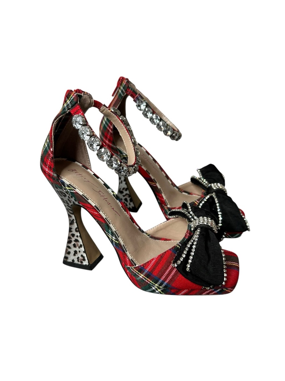 Betsey Johnson Guliana Plaid & Leopard Rhinestone Bow Heels Sandal 7.5